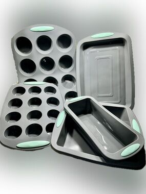 5 Piece Silicone Bakeware Set Grey Mint Muffin Pan Loaf Sheet Square Baking